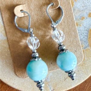 Dominican Larimar Leverback Earrings Crystal In Stainless Steel 2”💙